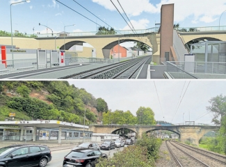 Gegenwart und Zukunft. So könnte der Haltepunkt an der Kaiser-Wilhelm-Brücke nach seiner Fertigstellung aussehen (oben). Noch tut sich dort aber nichts.
