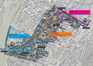Auf dem Luftbild der Innenstadt sind die Routen der drei Stadtspaziergänge eingezeichnet.